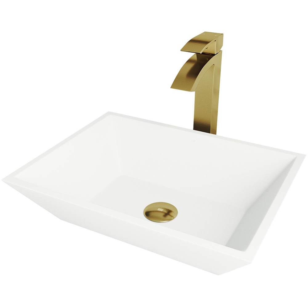 Vigo Vinca Matte Stone Bathroom Vessel Sink And Duris Vessel Faucet In Matte Brushed Gold With Pop-Up Drain