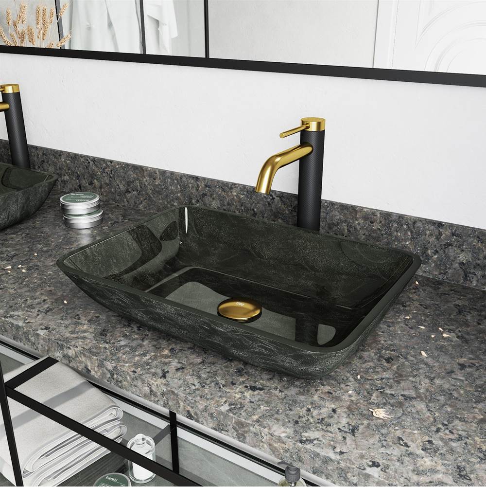 Vigo Rectangular Gray Onyx Glass Vessel Bathroom Sink and Lexington cFiber© Faucet in Matte Brushed Gold and Matte Black