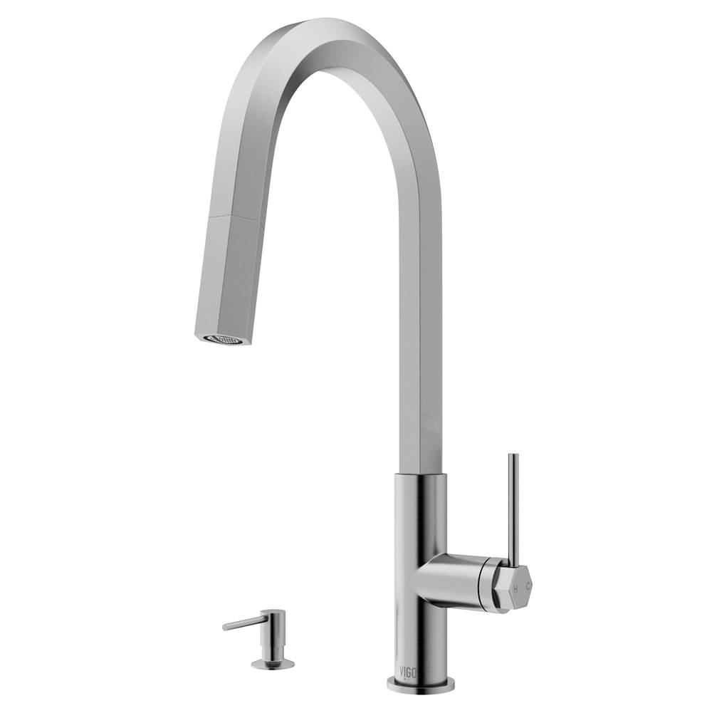 Vigo Hart Hexad Kitchen Single Handle Pull-Down Spout Kitchen Faucet Set with Soap Dispenser in Stainless Steel