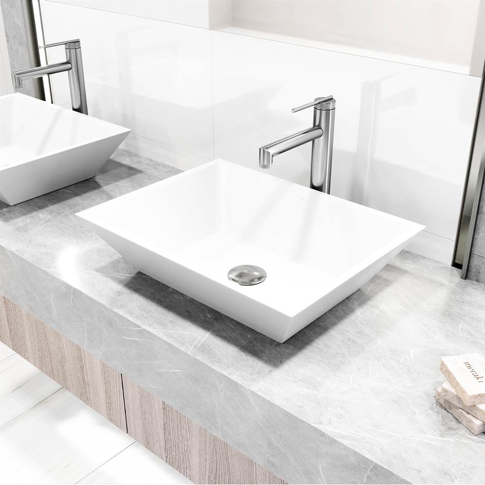 Vigo Matte Stone Vinca Composite Rectangular Vessel Bathroom Sink in White with Faucet and Pop-Up Drain in Brushed Nickel