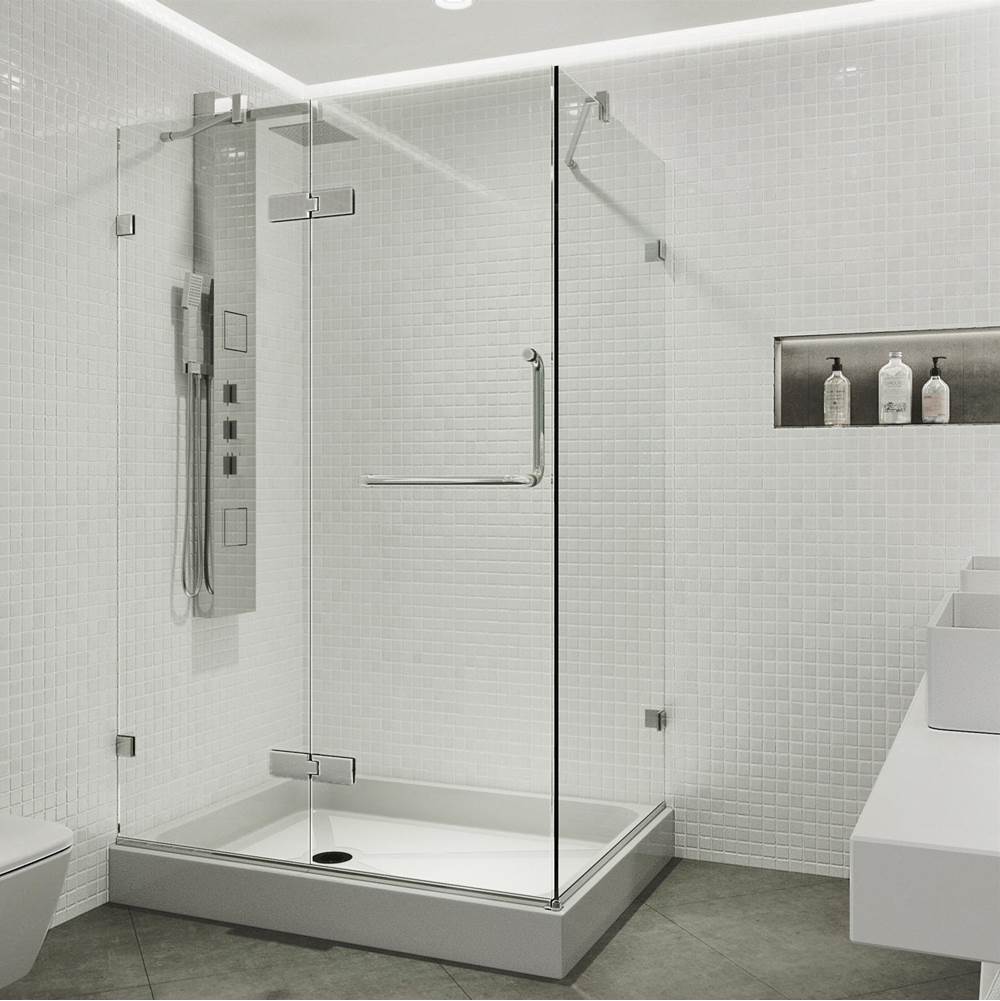 Vigo Monteray 36.125 W X 70.75 H Frameless Hinged Shower Enclosure In Chrome With Shower Base And Handle