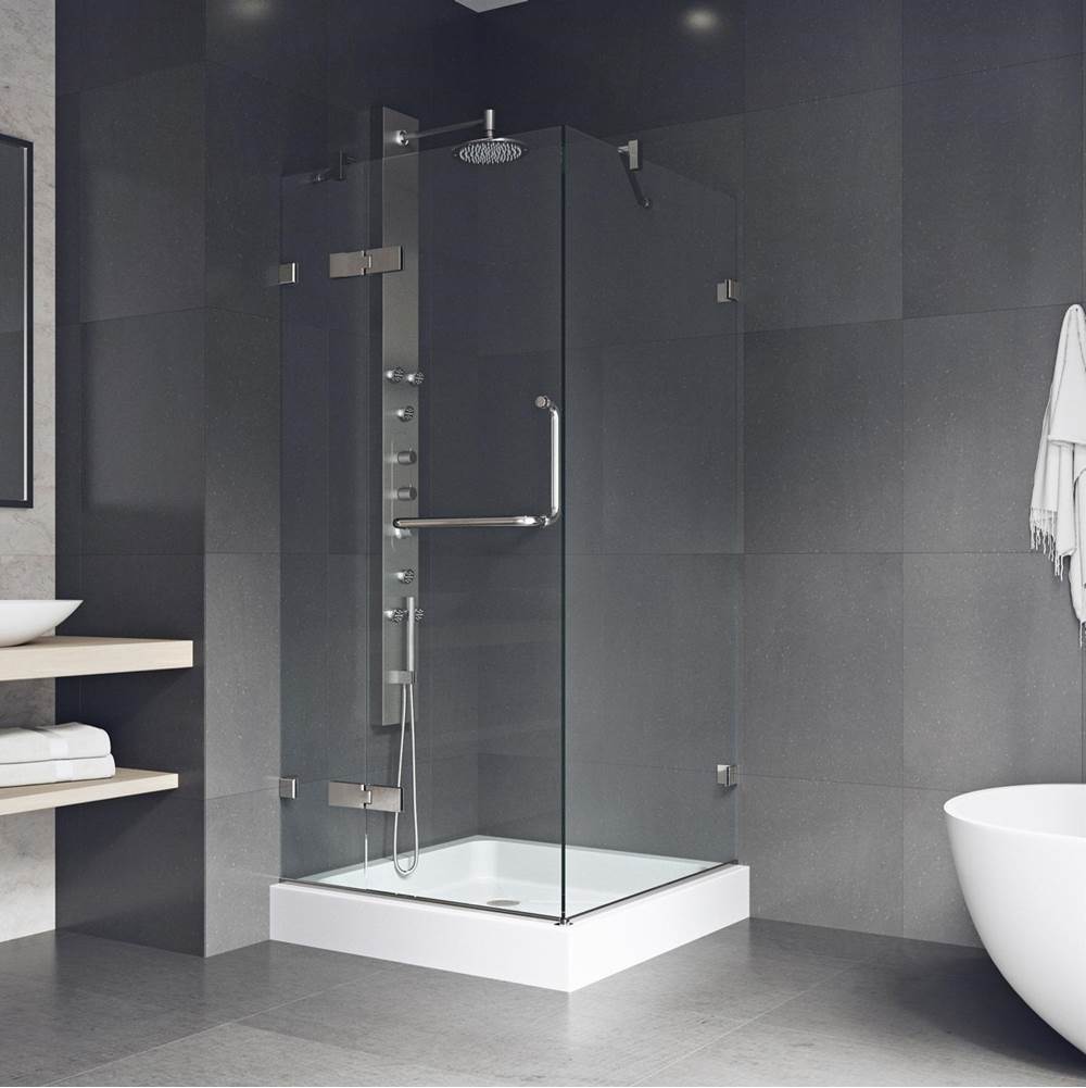 Vigo Monteray 36.125 W X 70.75 H Frameless Hinged Shower Enclosure In Brushed Nickel With Shower Base And Handle